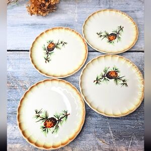 Vintage Pinecone Cottagecore Dessert Appetizer Plates | Set of 4 | Scallop Edge